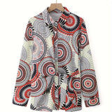 Bohemian Tie-Waist Blouse with Colorful Geometric Mandala Print, V-Neck, Black, XXL, hanging on a clothes hanger.