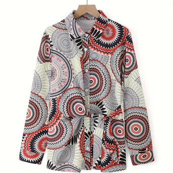 Bohemian Tie-Waist Blouse with Colorful Geometric Mandala Print, V-Neck, Black, XXL, hanging on a clothes hanger.