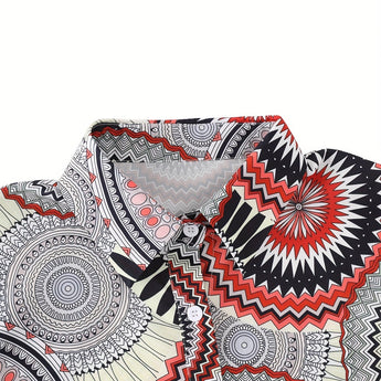 Bohemian Tie-Waist Blouse featuring a colorful geometric mandala print with a V-neck and long sleeves.