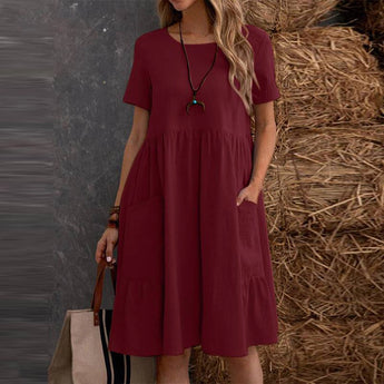 Wine red Bohemian tiered midi dress in plus size 3XL, featuring a scoop neck and short sleeves.