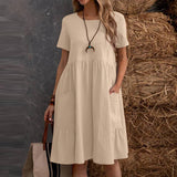 Bohemian Tiered Midi Dress in Khaki, featuring a scoop neck and short sleeves, designed for plus-size individuals, shown in a 3XL size. The dress is a one-piece garment with a tiered design, suitable for daytime wear.