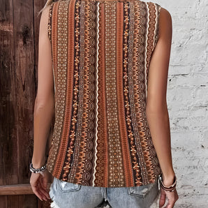 Bohemian Tribal Print V-Neck Tank Top featuring a women's ethnic design with black and white patterns, sleeveless style, and a flattering V-neckline.