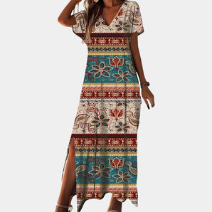 Bohemian V-neck maxi dress in beige featuring an ethnic floral print pattern. The dress is designed as a one-piece garment with short sleeves, cinched waist, and thigh-length hem, suitable for casual summer wear.