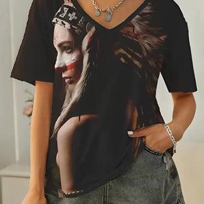 Bohemian V-Neck Tribal Print Tee with Feather Headdress Design in black, featuring short sleeves and a relaxed fit, shown in size 5XL.