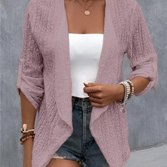 Bohemian white lace blouse featuring bell sleeves and a lace back design, displayed in a pink color variant in size 2XL, paired with black shorts.