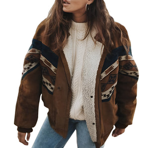 Bohemian Women's Aztec Print Patchwork Suede Jacket in beige, featuring a classic collar, long sleeves, and a waist-length design suitable for winter 2023.