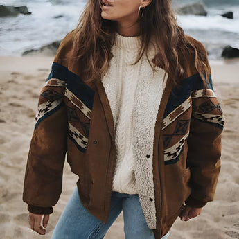 Bohemian Women's Aztec Print Patchwork Suede Jacket in brown, size 3XL, featuring a vibrant Aztec pattern with suede patchwork design, long sleeves, and a comfortable fit suitable for winter wear.