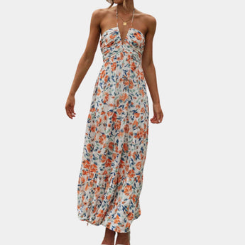 Boho Chic Blue Floral Strapless Maxi Dress with Ruffled Details in a vibrant Blue and Orange pattern, Size XL, showcasing a flowy, elegant design perfect for summer outings.