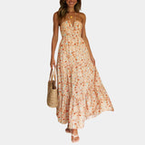 Boho Chic Blue Floral Strapless Maxi Dress with ruffled details, featuring a vibrant orange color, in XL size.