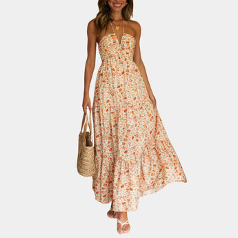 Boho Chic Blue Floral Strapless Maxi Dress with ruffled details, featuring a vibrant orange color, in XL size.