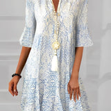 Boho Chic Blue Paisley V-Neck Bell Sleeve Summer Dress for Women showcasing intricate paisley patterns, V-neckline, and flared bell sleeves.