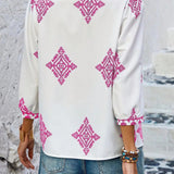 Boho Chic Ethnic Print Blouse featuring a V-neck design, white and pink ethnic patterns, short sleeves, and a relaxed fit perfect for summer wear.