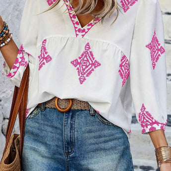 Boho Chic Ethnic Print Blouse in pink with a V-neck design, featuring long sleeves and a relaxed fit in size XL.