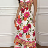 Boho Chic Floral Maxi Dress in white, featuring a cutout waist, worn by a smiling woman with styled hair, showcasing the shoulder and arm design, perfect for beachwear.