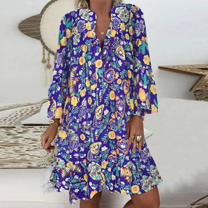 Boho Chic Floral V-Neck Mini Dress in Viola color, size 5XL, featuring a vibrant summer style with floral patterns against a predominantly white and blue background.