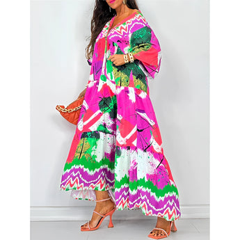 Boho Chic Long Sleeve Abstract Print Maxi Dress in vibrant magenta with an artistic pattern, featuring a fitted waist and flowing design, suitable for spring events and formal wear.