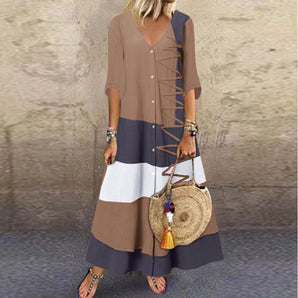 Boho Chic Patchwork V-Neck Midi Dress in khaki, featuring a patchwork design, with a V-neckline and sleeves, styled for summer fashion in size 5XL.