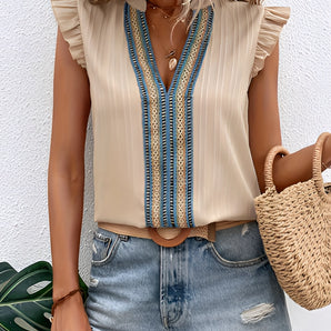 Women's Boho Chic Ruffle Sleeve Beige Embroidered Blouse in Khaki, size XL, featuring intricate embroidery and summer fashion design.