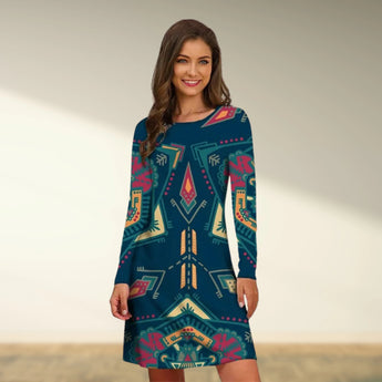 Boho Chic Tribal Print A-Line Knee-Length Dress in turquoise, modeled by a woman with long hair, wearing the dress which features long sleeves and intricate patterns, perfect for fall fashion.