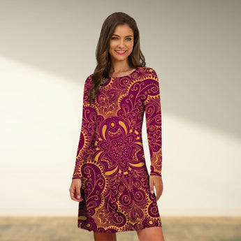 Boho Chic Tribal Print A-Line Knee-Length Dress in red, featuring a bold tribal pattern. The dress has long sleeves, a defined waistline, and a high collar, perfect for fall fashion. The model is smiling, showcasing the fit and style of the dress, which is available in size 6XL.