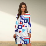 Boho Chic Tribal Print A-Line Knee-Length Dress in white, modeled by a fashion model. The dress features a round neck, fitted waist, and long sleeves, highlighting the arm and thigh areas. Suitable for fall fashion, the dress offers a stylish and comfortable one-piece garment look.