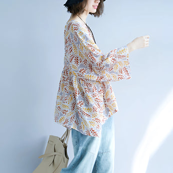 Boho Chic V-Neck Blouse with Leaf Pattern, featuring wide sleeves and a relaxed fit for women.