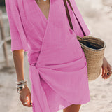 Boho-Chic V-Neck Mini Dress in pink, shown in XL size, featuring a summer style perfect for beach cover-ups, with a focus on the v-neck design and short sleeves.