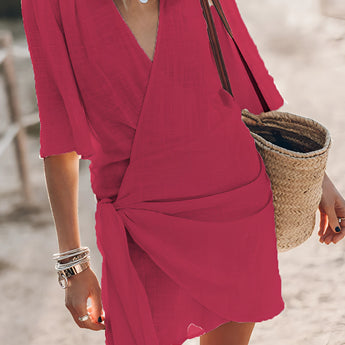 Boho-Chic V-Neck Mini Dress in red, size XL, featuring short sleeves, a fashionable V-neckline, and a lightweight fabric suitable for summer wear and as a beach cover-up.