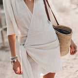 Boho-Chic V-Neck Mini Dress in Beige, XL size, featuring a trendy beach cover-up style with short sleeves, a flattering neckline, and a lightweight design perfect for summer fashion.