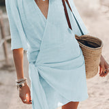 Boho-Chic V-Neck Mini Dress in blue, size XL, featuring short sleeves and a breezy design suitable for summer wear or as a beach cover-up.