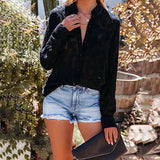 
A black velvet blouse paired with distressed denim shorts, featuring a chic bohemian style. The blouse has long sleeves and a v-neckline, while the shorts have a casual, fashionable look. The set is displayed in size 2XL.