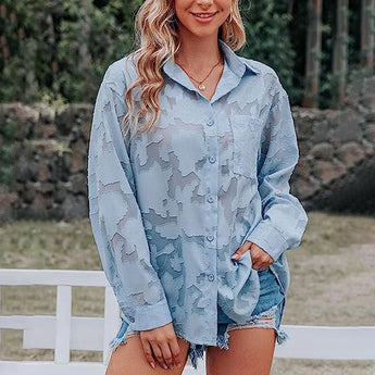 Boho Chic velvet blouse and distressed denim shorts set in blue, size 2XL, featuring a model smiling and showcasing the outfit with emphasis on the shoulder and neckline details.