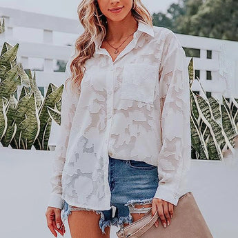 Boho Chic velvet blouse and distressed denim shorts set in white, featuring a 2XL size with stylish shoulder design, long sleeves, and a unique collar neck.