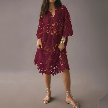 Boho Chic Red Lace Midi Dress featuring floral crochet design, V-neckline, and fitted waist, with knee-length hem and short sleeves.