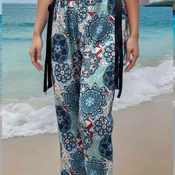 Blue Boho Floral Beach Culottes in XL size featuring a lightweight fabric with a tie waist, ideal for summer wear.