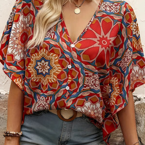 Boho floral blouse in a vibrant red mandala pattern, featuring a V-neck design and casual ethnic print with long sleeves.