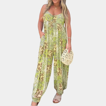 Boho floral sleeveless women's summer jumpsuit in yellow, size 3XL, featuring an elegant and lightweight design with a flattering waistline and stylish pattern.