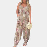 Elegant and lightweight boho floral sleeveless women's summer jumpsuit in khaki, featuring a relaxed fit with a waistline design and wide-leg style, suitable for fashion-forward formal wear.