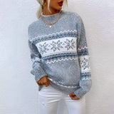 Blue boho women's thick knit sweater with a snowflake pattern, featuring long sleeves, a cozy chunky knit design, and a relaxed fit suitable for cold weather wear.