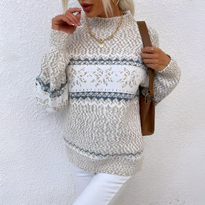 Boho Women's Thick Knit Snowflake Sweater in beige, featuring a chunky and cozy design with a snowflake pattern, long sleeves, and a high collar, made from woolen textile, size XL.