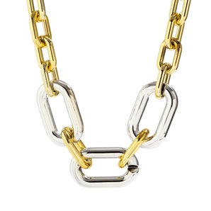 Bold gold and silver oversized statement chain necklace for women, featuring a luxurious design and chunky metal links.