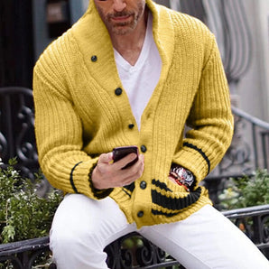 Men's bold yellow cardigan in 3XL size, featuring a double-breasted design with a high collar, striped cuffs, and button details. The cardigan is styled like a blazer with a sophisticated dress shirt look.