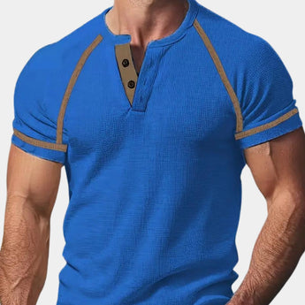 Breathable blue ribbed T-shirt in size 3XL, featuring a soft touch fabric with stretch. The casual tee is designed with short sleeves, a round neck, and a comfortable fit, highlighting shoulder and muscle areas.