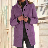 Purple women's wool blend mid-length winter coat in size 3XL, featuring long sleeves and a tailored fit, with a dress shirt style collar and shoulder design.