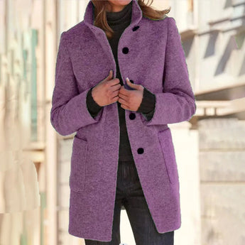 Purple women's wool blend mid-length winter coat in size 3XL, featuring long sleeves and a tailored fit, with a dress shirt style collar and shoulder design.