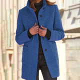 Bright blue women's wool blend mid-length winter coat in size 3XL, featuring a tailored fit with long sleeves, worn by a person also wearing sunglasses and a dress shirt.