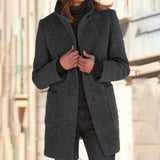 Dark gray 3XL women's wool blend mid-length winter coat, featuring a structured shoulder, long sleeves, and tailored fit, suitable for cold weather.