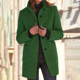 
A green wool blend mid-length winter coat for women in size 3XL, featuring a tailored design with sleeves, shoulder detailing, and a fashionable neckline.