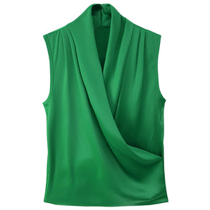 
A bright green sleeveless blouse for women featuring a stylish cowl neck design.