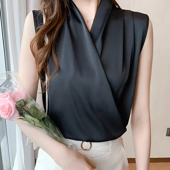 Bright green sleeveless blouse for women featuring a stylish cowl neck design, displayed on a black background in size 2XL.